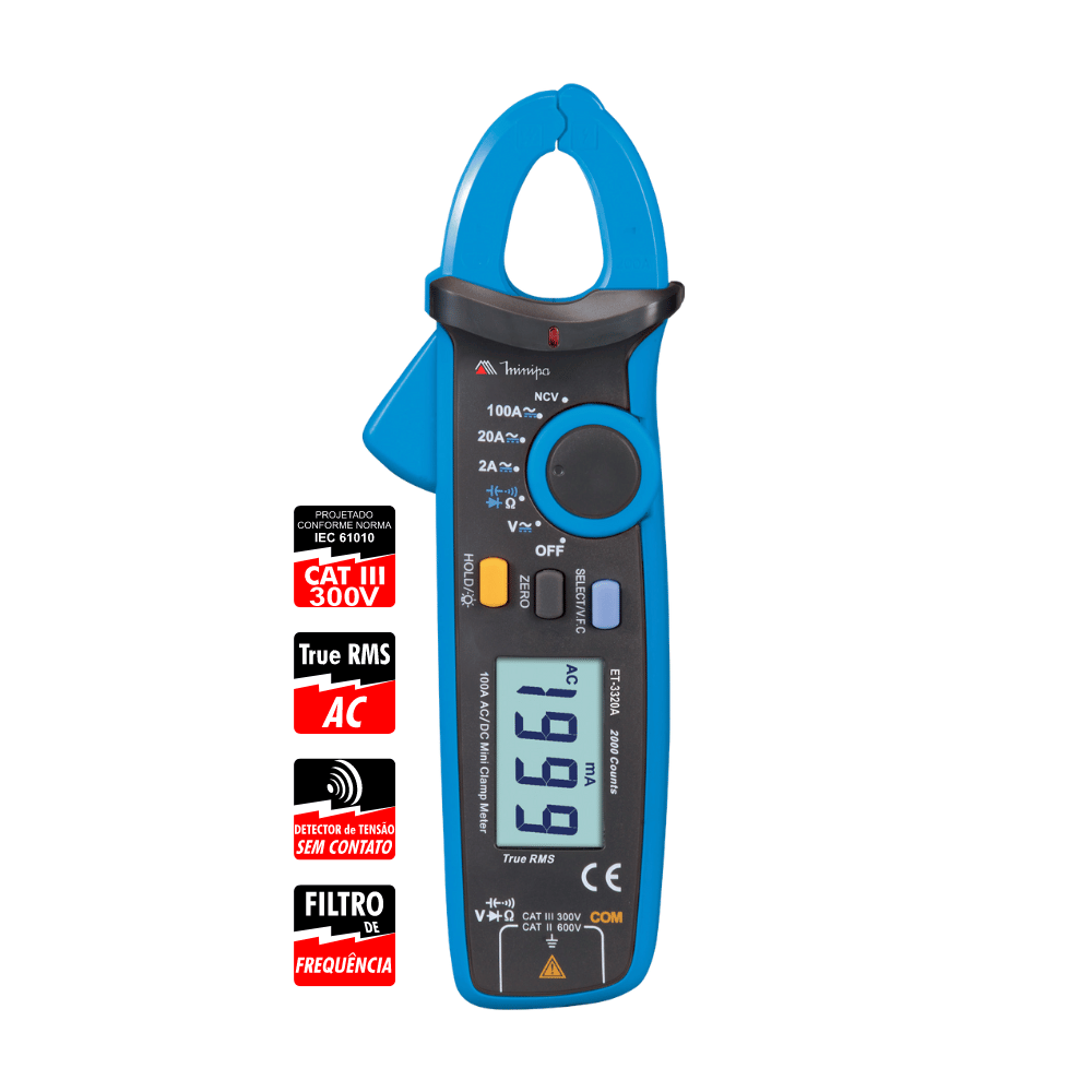 Mini Alicate Amperímetro Digital Minipa Et-3320a True Ems Cat Iii
