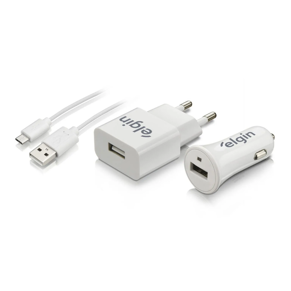 Kit Carregadores De Parede + Veicular Elgin Com Cabo Micro Usb 1m
